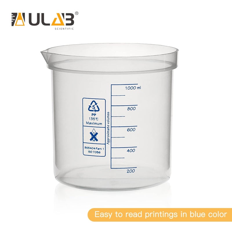 ULAB Scientific Stackable Graduated Plastic Beakers, 3pcs of 1000ml(33.8oz), with Easy-to-Read Printings in Blue, UBP1016 - Image 4